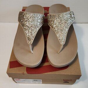 Fitflop Lulu Glitter Toe-Post Sandals Latte Beige Size 8M  Like New